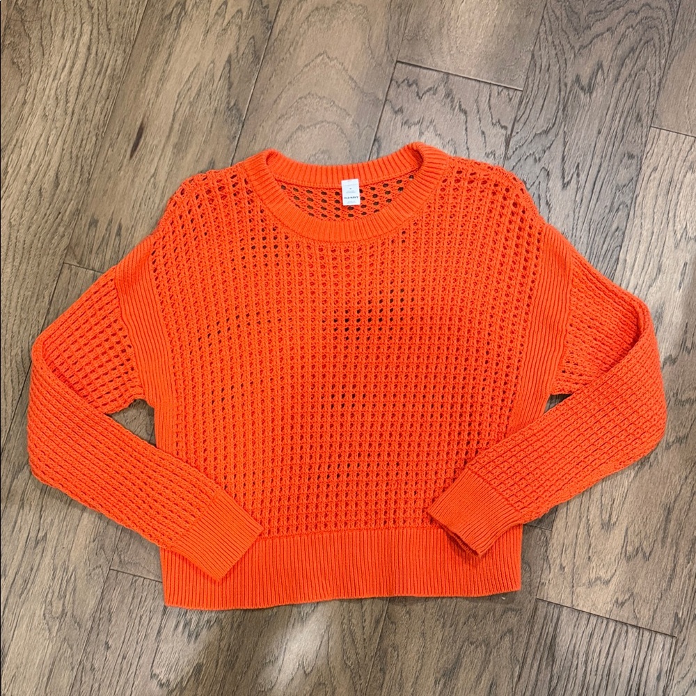 Ladies Orange Open-Knit Crewneck Sweater
